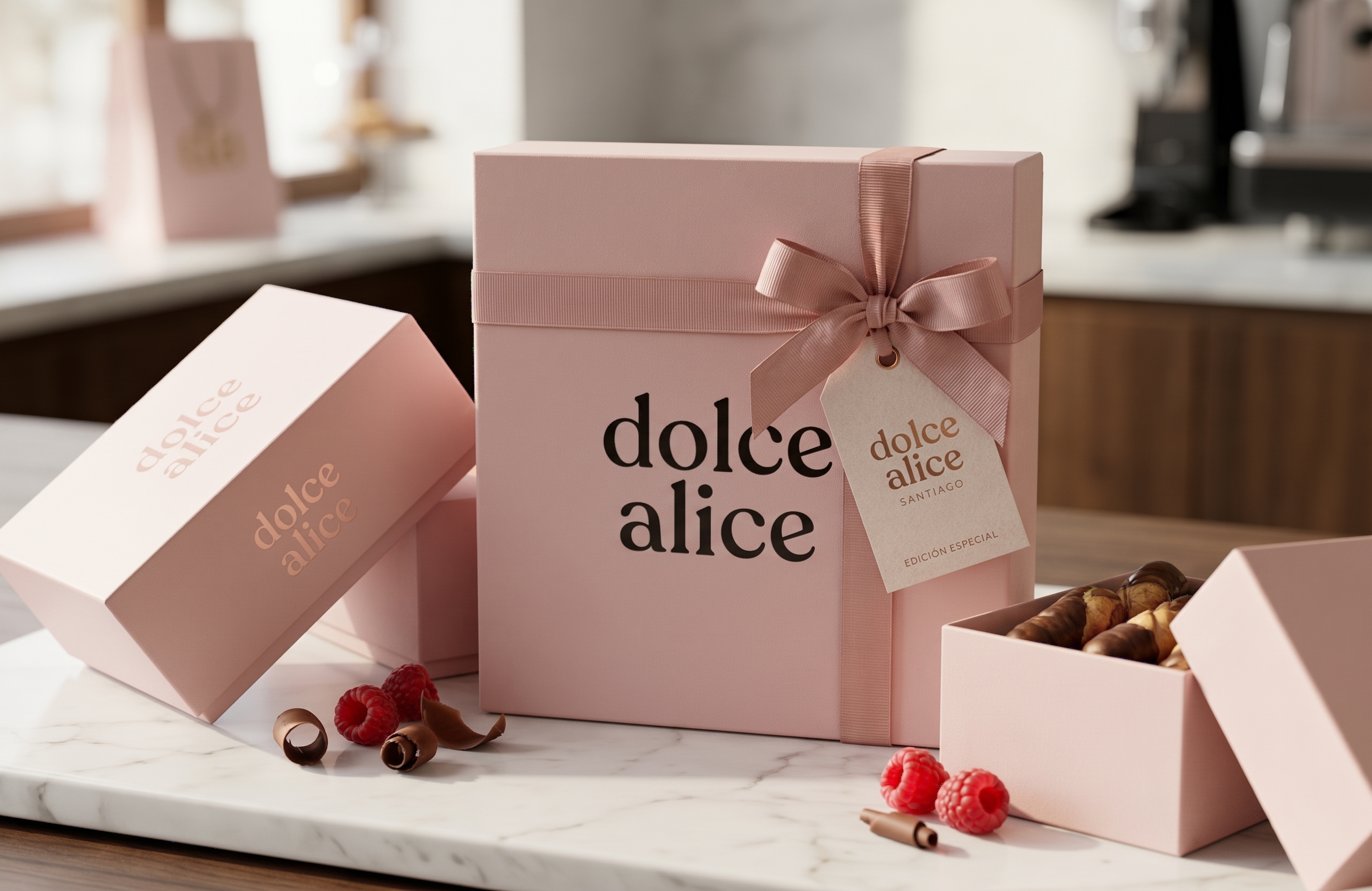 Cajas de regalo rosadas de Dolce Alice con cuchuflíes de chocolate