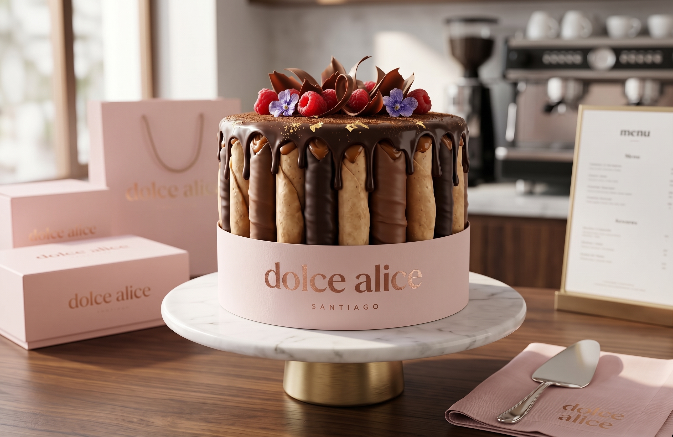 Torta de cuchuflí con cobertura de chocolate y presentación Dolce Alice